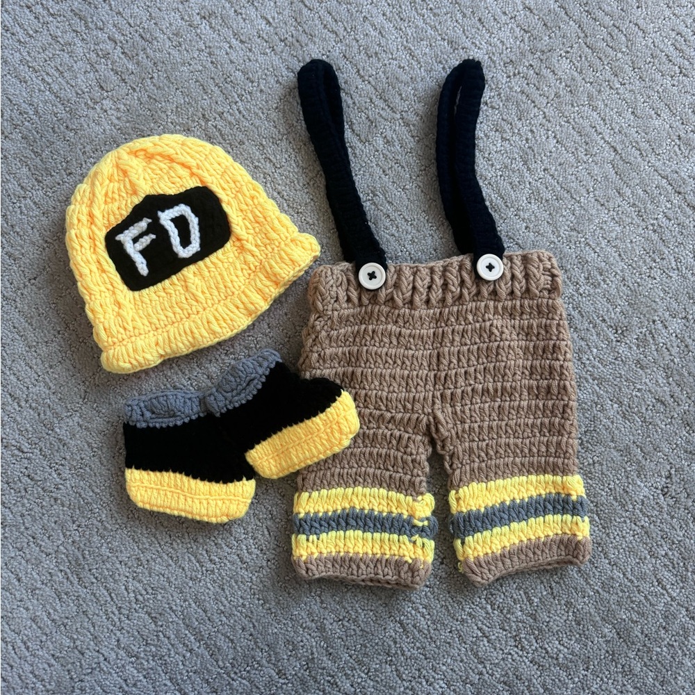 Knitted baby firefighter outfit